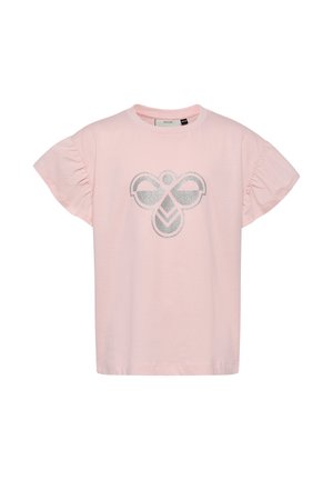 Rosa T-Shirt mit kurzen Ärmeln und einem glitzernden Grafikdesign in der Mitte. Hergestellt aus weicher Baumwolle mit gerafften Ärmeln.