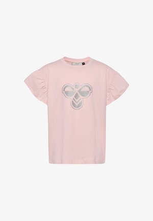 Lyserød t-shirt med korte ærmer og et glitrende grafisk design i midten. Fremstillet af blød bomuld med flæseærmer.