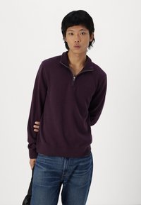 Maglione viola con zip e collo alto, maniche lunghe e bordi ribattuti, abbinato a jeans blu; texture liscia, design casual.