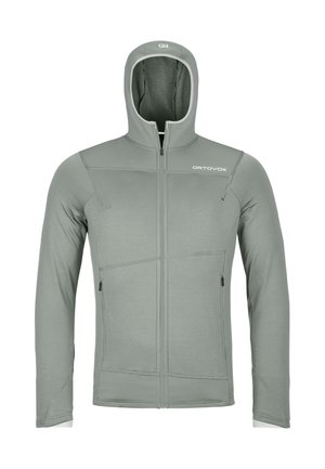 Hellgrauer Kapuzenpullover mit durchgehendem Reißverschluss aus weichem Stoff, zwei seitlichen Reißverschlusstaschen und "Ortovox"-Logo auf der Brust.