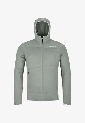 Hellgrauer Kapuzenpullover mit durchgehendem Reißverschluss aus weichem Stoff, zwei seitlichen Reißverschlusstaschen und "Ortovox"-Logo auf der Brust.