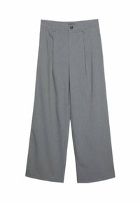 Szare szerokie spodnie z gładkim przodem, fałdami i szlufkami na pasek, wykonane z gładkiego materiału. Posiadają dyskretny guzik i czyste linie.