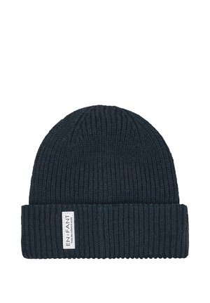 Dark blue knitted beanie with folded edge and white rectangular brand label reading "EN FANT" on the cuff.