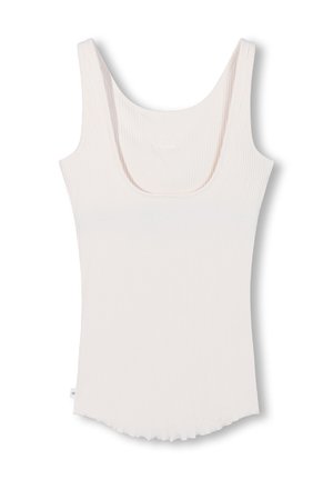 Witte geribbelde tanktop met een ronde halslijn, voorzien van een textuur en een iets afgeronde zoom. Gemaakt van een zachte, rekbare stof.