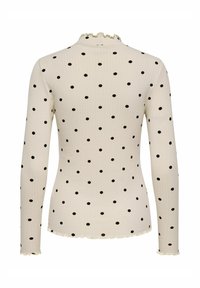Bluzka z długim rękawem z kremowej prążkowanej tkaniny w czarne grochy, z falbankowym kołnierzem i mankietami, dopasowanym krojem i gładką fakturą.
