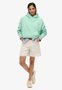 Mintgroene hoodie met een voorzak en een rood logo; gelaagd over een blauw-witte geruite shirt; gecombineerd met beige shorts en beige sneakers.