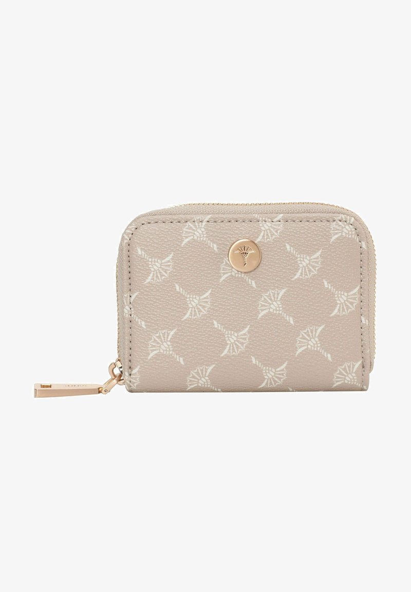Billetera de cuero beige con acabado texturizado, que presenta un patrón de hojas blancas, herrajes dorados y cierre de cremallera.