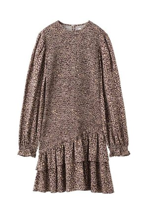 Abito leopardato marrone e crema con lunghe maniche a sbuffo, scollatura tonda e orlo arricciato con balze. Tessuto strutturato con arricciature.