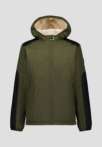 Giacca verde oliva con dettagli neri, cappuccio foderato in pile, tasche con cerniera e polsini elastici. Materiale leggero e liscio.