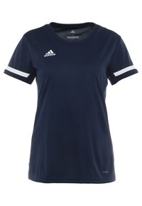 Marinblå sportt-shirt i fukttransporterande tyg med vita accentränder på ärmarna och en Adidas-logotyp på bröstet.