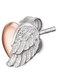 Silberne und roségoldene Ohrstecker mit einem Herz- und Flügeldesign, verziert mit filigranen Blattdetails und funkelnden Akzenten.