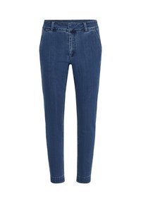 Jeans w ciemnoniebieskim kolorze o slim fit, z wysokim stanem, kieszeniami z przodu oraz subtelnymi detalami w szwie.