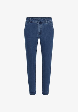 Denim trousers in dark blue with a slim fit, featuring a high waistband, front pockets, and subtle stitching details.