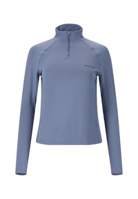 Hellblaues, langärmeliges Sportoberteil mit Reißverschlusskragen aus glattem, dehnbarem Material; verfügt über Raglanärmel und ein dezentes Logo auf der Brust.