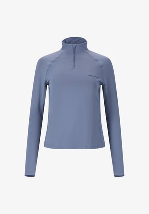 Hellblaues, langärmeliges Sportoberteil mit Reißverschlusskragen aus glattem, dehnbarem Material; verfügt über Raglanärmel und ein dezentes Logo auf der Brust.