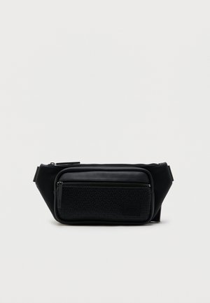 Black textured waist bag with front zip pocket and adjustable side straps on a plain light background.