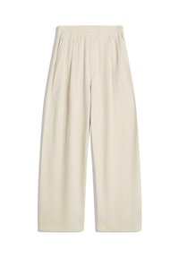 Wide-leg trousers in a light beige color, featuring vertical ribbed texture, pleated details at the waistband, and side pockets.