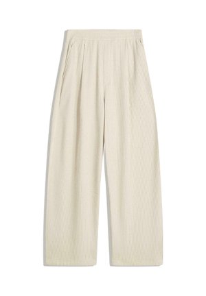 Wide-leg trousers in a light beige color, featuring vertical ribbed texture, pleated details at the waistband, and side pockets.