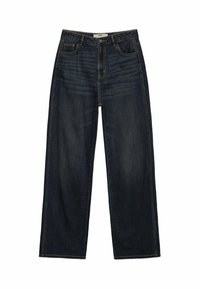 Tmavě modré, široké džíny vyrobené z denimu, s předními kapsami, zapínáním na zip a značkovou nášivkou na pase.