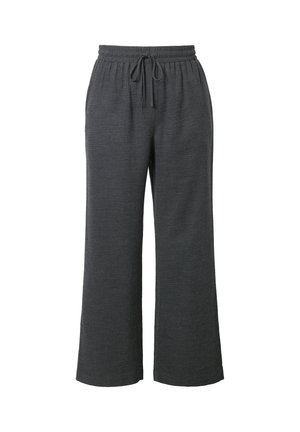 Pantalons larges gris foncé en tissu texturé, dotés d'une taille élastique avec cordon de serrage pour un ajustement réglable.
