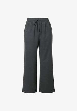 Dark gray wide-leg pants made of textured fabric, featuring an elastic waistband with a drawstring for adjustable fit.
