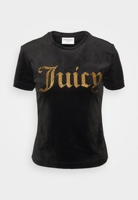 Svart kortärmad T-shirt i mjukt tyg med rundad halsringning, med guldstrass-texten "Juicy" på framsidan.