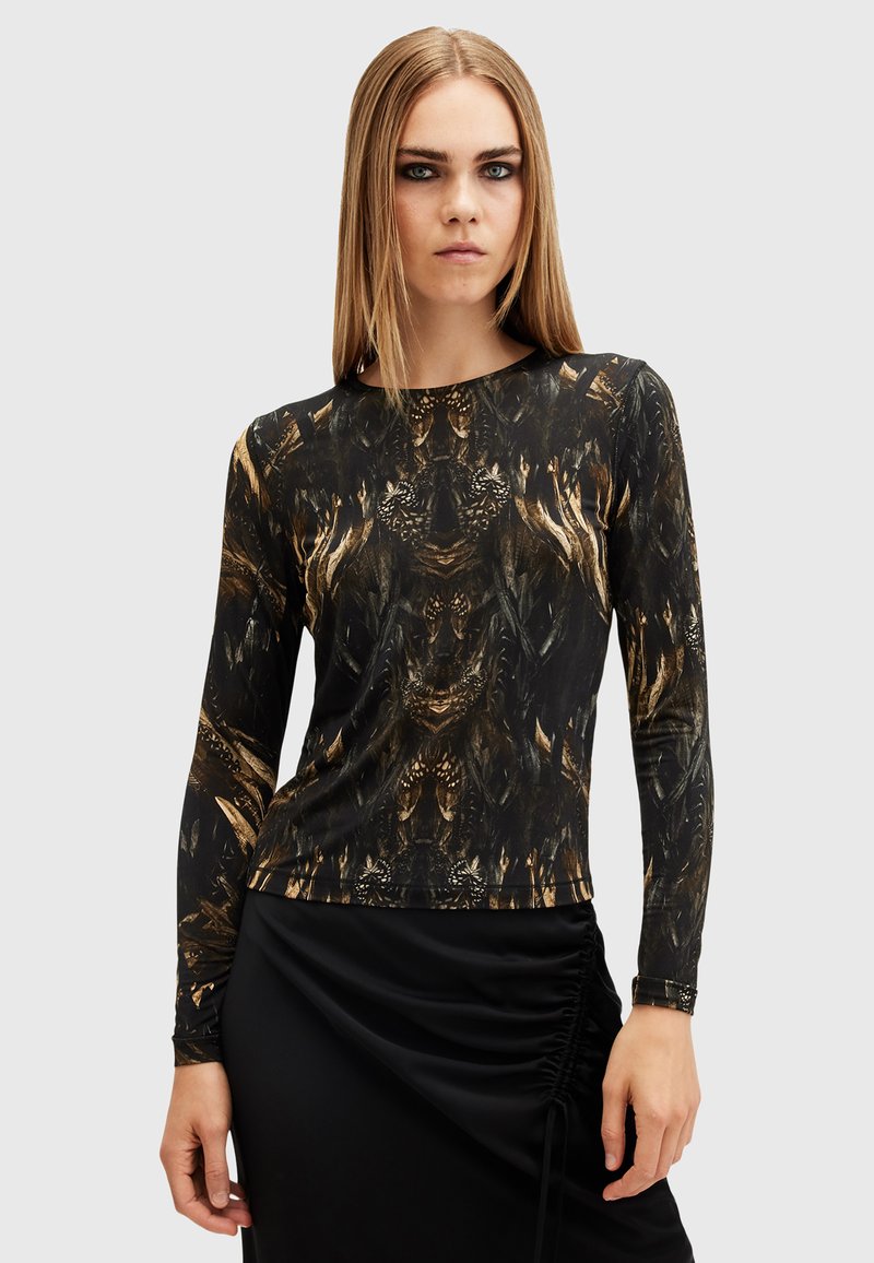 Langermet svart topp med intrikat gull- og brun abstrakt mønster, glatt tekstur, tettsittende design, rund halslinje og minimal detaljer.
