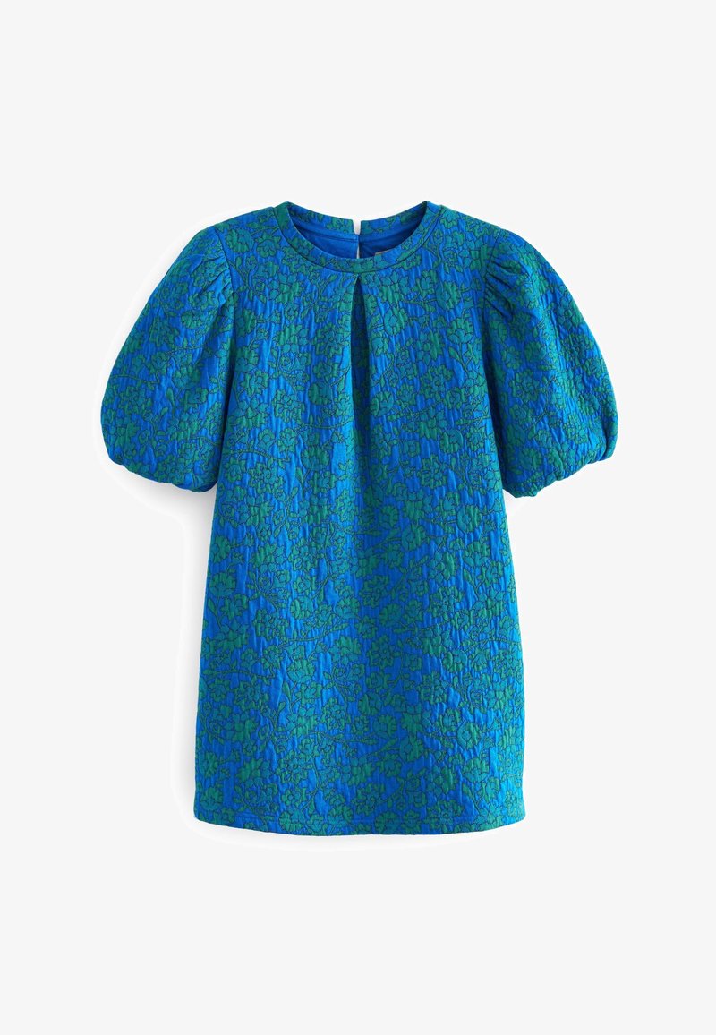 Robe à manches courtes à motifs floraux bleus et verts, avec un col rond et des manches bouffantes froncées, dotée d'une ouverture en forme de trou de serrure à l'arrière.