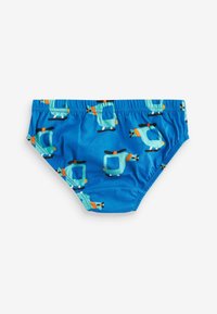 Shorts de bain bleus avec un imprimé d'hélicoptère ludique en turquoise, orange, noir et blanc. Fabriqués en tissu léger et extensible.