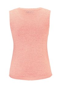 Roze mouwloze gebreide top met een ronde halslijn, voorzien van een textuurpatroon en een geribbelde zoom, die een eenvoudige en strakke uitstraling laat zien.
