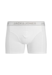 Białe slipy wykonane z bawełny, z szarym elastycznym paskiem podpisanym "JACK & JONES". Gładka tekstura i dopasowany design.