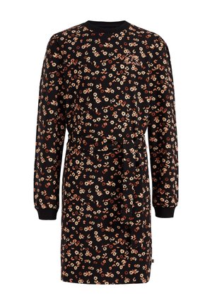 Sort langærmet kjole med lidt beige og rustfarvet blomsterprint, rund halsudskæring, taljebånd og broderet tekst på brystet.