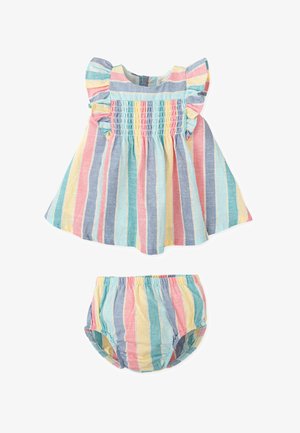 Vestido a rayas para niño pequeño en colores pastel con mangas con volantes y cuerpo fruncido; braga a juego con cintura elástica. Material de algodón.