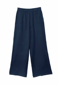 Marineblauwe wijde broek gemaakt van textuurstof, met een elastische tailleband en een vloeiende silhouet. Geschikt voor casual gebruik.