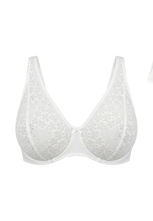 Biały koronkowy biustonosz z fiszbinami, w kwiatowe wzory, z szerokimi ramiączkami i małą centralną kokardką.