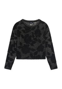 Pull noir court avec manches longues arborant un motif floral texturé sur un fond chiné. Encolure ronde avec bordured côtelée.