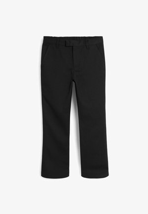 Pantaloni neri con una texture liscia, dotati di una cintura elastica, tasche laterali e una vestibilità a gamba dritta. Senza motivi visibili o accessori.