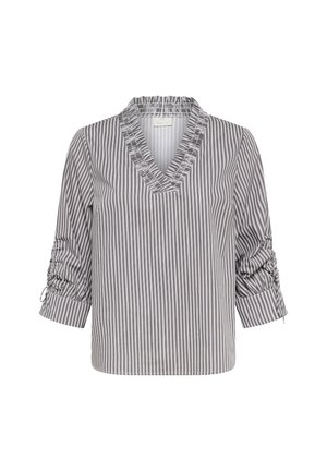 Blouse rayée en gris et blanc, avec un décolleté en V ornée de volants et des manches trois-quarts avec des détails froncés aux poignets.