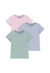 Trois T-shirts à manches courtes dans des couleurs pastel : rose clair, vert menthe et bleu doux. En coton avec un col rond et des manches ourlées.
