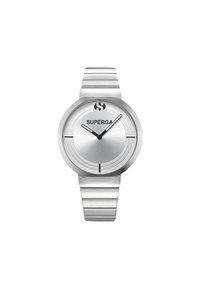 Orologio in acciaio inossidabile argentato con quadrante circolare, modelli lineari, lancette nere e un logo del marchio nella parte superiore. Presenta un cinturino testurizzato.