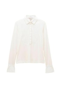White button-up shirt with long sleeves, a collared neck, textured front panel, and flared cuffs. Smooth fabric, tailored fit.