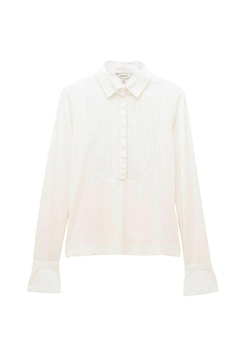 White button-up shirt with long sleeves, a collared neck, textured front panel, and flared cuffs. Smooth fabric, tailored fit.