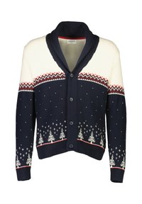 Marinblå och krämfärgad kofta med sjalkrage, prydnadsmönster av snöflingor och träd, ribbade ärmmuddar och sex mörka knappar fram.