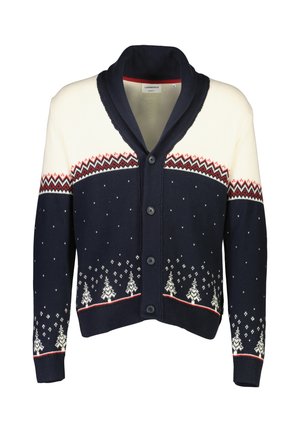 Marineblå og cremefarvet cardigan med sjalskrave, der har snefnugs- og træmønstre, ribbede manchetter og seks mørke knapper ned i front.