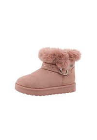 Roze suède enkellaarsje met nepbont rand, decoratieve band met studs en een getextureerde rubberen zool voor grip.