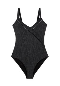 Maillot de bain une pièce noir avec un motif texturé en zigzag. Il dispose de fines bretelles et d'un décolleté en V profond avec des coutures contrastées.