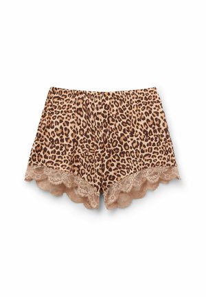 Leopard print shorts in tan and brown with a scalloped lace trim at the hem. Elastic waistband for adjustable fit. Soft material.