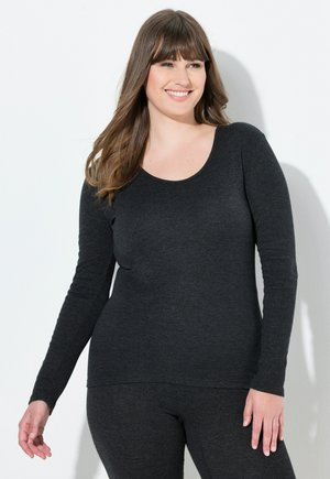 Zwarte lange mouw top met een ronde hals, gemaakt van zachte stof, met een strakkere pasvorm en een gladde textuur, gecombineerd met bijpassende onderkleding.