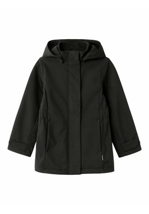 Cappotto nero con cappuccio, realizzato in tessuto liscio. Presenta una zip frontale, tasche laterali e polsini regolabili. Design semplice e lineare.