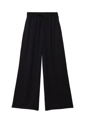 Pantaloni neri a gamba larga con coulisse e vita elasticizzata, realizzati in tessuto morbido, pensati per un uso casual.